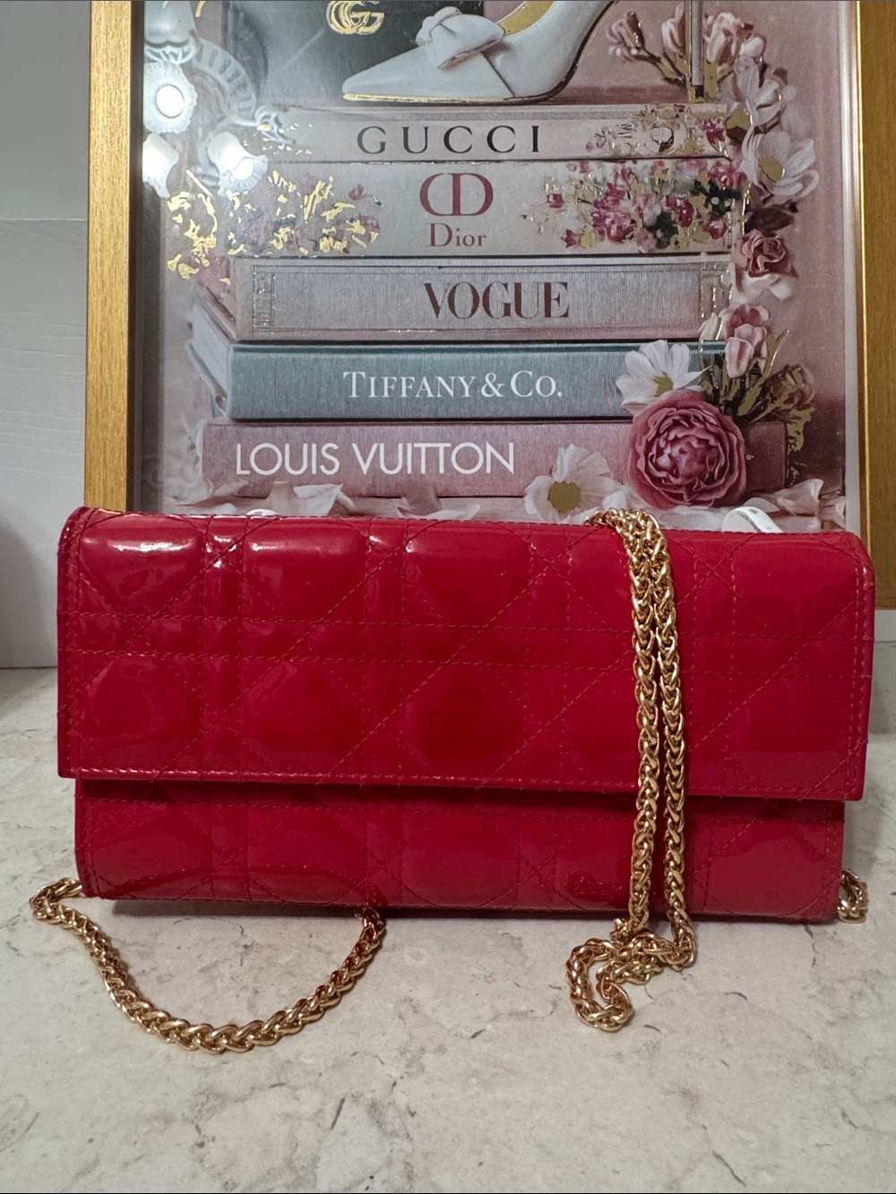 Dior Pink 🩷 Wallet on chain with unbranded chain. Pink Patent Cannage